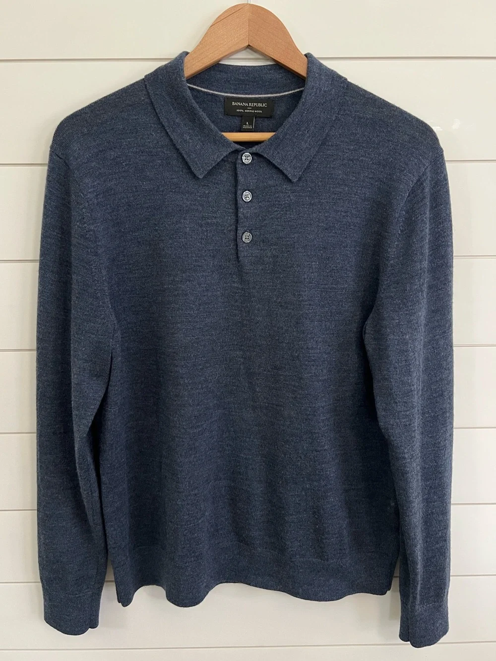 Banana Republic 100% Merino Wool Men's Large Polo Sweater Long Sleeves Blue
